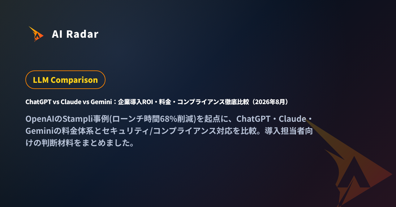 ChatGPT vs Claude vs Gemini:企業導入ROI・料金・コンプライアンス徹底比較(2026年8月)の記事カバー